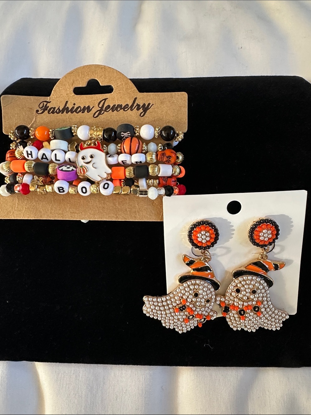 Halloween Ghost Beaded Bracelet Set and Ghost Earrings - Orange Black White